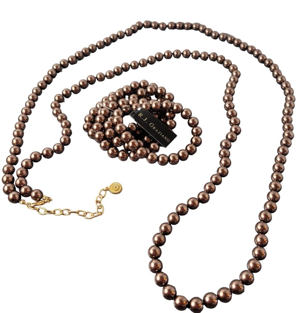 R.J. Graziano Bronze Brown Glass Beaded Long Necklace  5 Stretch Bracelets Set